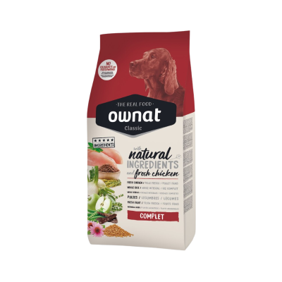 Saco de alimento para cães Ownat Classic com imagem de cão castanho e ingredientes naturais.