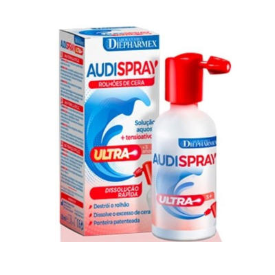 Produto AUDISPRAY para dissolução rápida de rolhões de cera, embalagem branca com azul e vermelho.