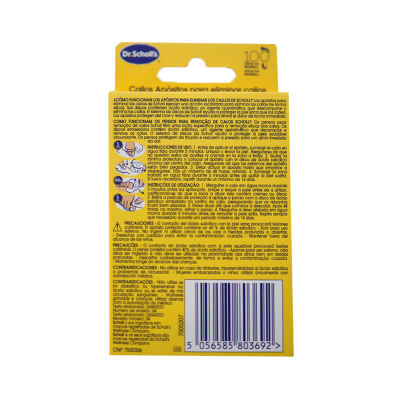 Embalagem amarela com texto em espanhol e código de barras do produto Dr. Scholls