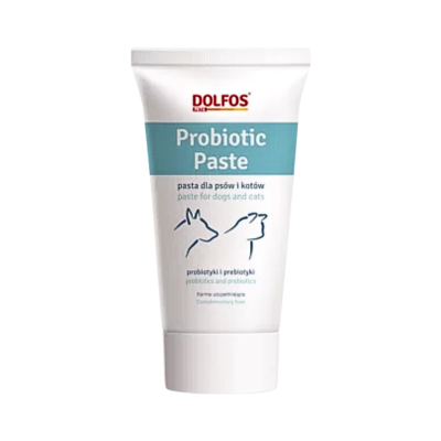 Tubo branco com rótulo azul e branco de pasta probiótica para cães e gatos da marca Dolfos