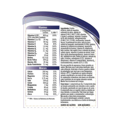 Etiqueta de suplemento vitamínico com informações nutricionais, ingredientes e instruções em português
