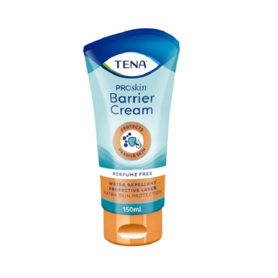 Tubo de creme TENA PROskin Barrier Cream azul e laranja 150 ml