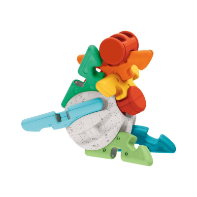 Brinquedo de encaixe colorido com peças em várias cores e base branca com manchas