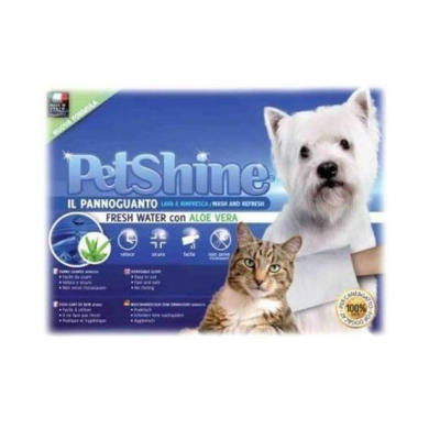 Embalagem azul PetShine com cão branco e gato castanho às riscas