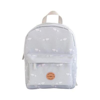 Mochila cinzenta com padrão de ursos polares e bolso frontal