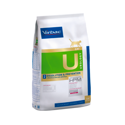 Saco de comida para gato Virbac Veterinary HPM para urologia com embalagem branca, verde e azul.