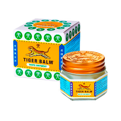 Pomada Tiger Balm White Ointment em pote de vidro e caixa colorida