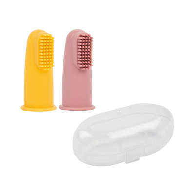 Duas escovas de silicone para dedo coloridas com caixa plástica transparente