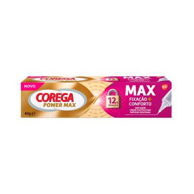 Embalagem de creme fixativo dentário Corega Power Max 40g com texto sobre fixação e conforto