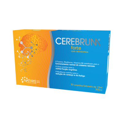 Embalagem de suplemento alimentar CEREBRUM forte azul e laranja com ilustração do cérebro e texto informativo