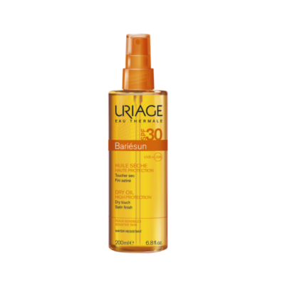 Spray óleo seco Uriage Bariésun FPS 30 amarelo com tampa laranja