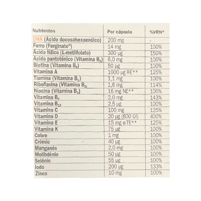 Tabela de nutrientes de suplemento alimentar com quantidades por cápsula e %VRN.