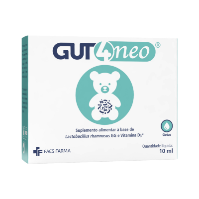 Embalagem de suplemento alimentar GUT4neo com desenho de ursinho e texto informativo.