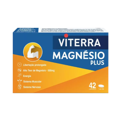 Embalagem de suplemento Viterra Magnésio Plus, azul e laranja