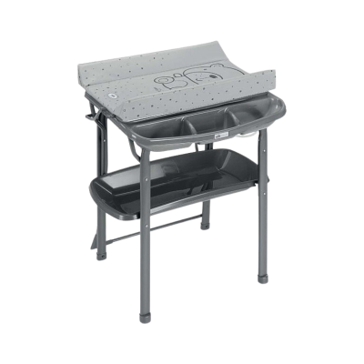 Mesa para muda de bebé cinzenta com tábua acolchoada e bandejas organizadoras