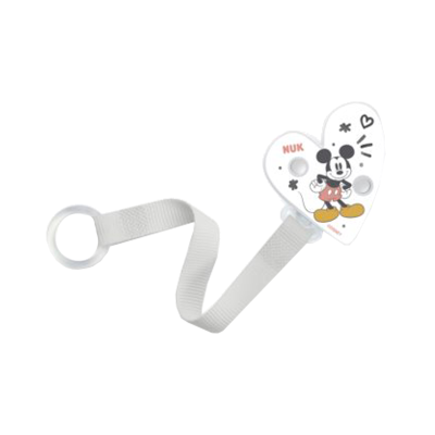 Prendedor de chupeta com correia branca e suporte em forma de coração com desenho de Mickey Mouse