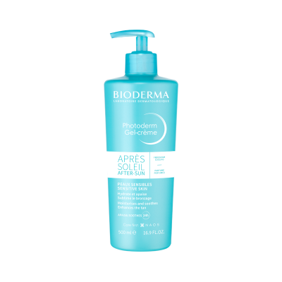 Frasco azul claro de gel-creme Bioderma Photoderm com doseador
