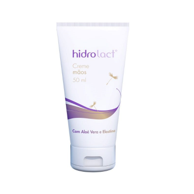 Frasco branco de creme para mãos hidrolact com design roxo e texto em português