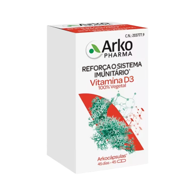 Caixa branca de suplemento Arkopharma Vitamina D3 com texto vermelho e verde