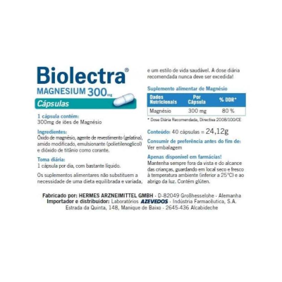 Rótulo de suplemento alimentar Biolectra MAGNESIUM 300 mg em cápsulas com informações de uso e fabricante