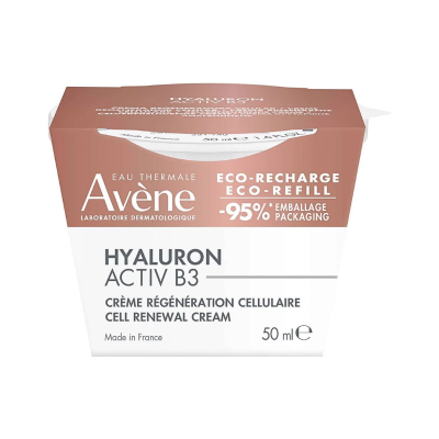 Embalagem de creme Avène Hyaluron Activ B3 50 ml em caixa branca e castanha com texto eco-recharge