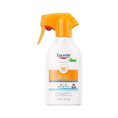 Spray de proteção solar Eucerin Sensitive Protect para crianças com gatilho laranja