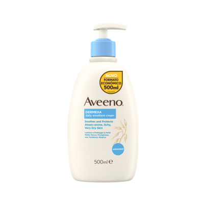 Frasco branco de creme Aveeno DERMEXA 500ml com doseador azul e selo amarelo