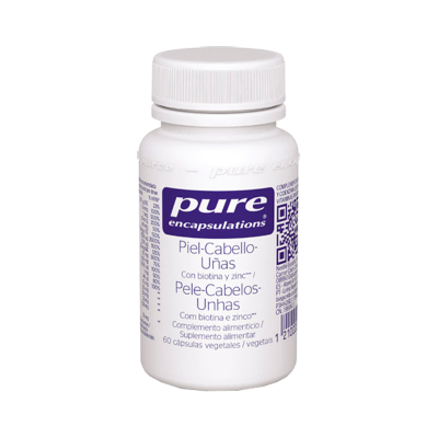 Frasco branco suplemento Pure Encapsulations para pele cabelo unhas com biotina e zinco