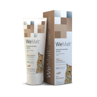 WeMalt regulador de bolas de pelo para gatos em pasta, embalagem e tubo com design castanho e cinza