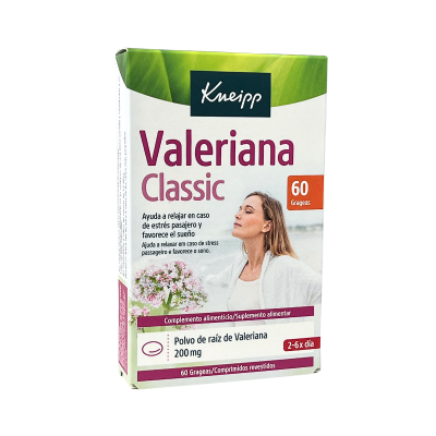 Caixa de suplemento alimentar Kneipp Valeriana Classic com 60 grageas e imagem de mulher e planta