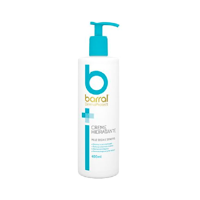 Frasco branco com tampa de bomba azul de creme hidratante Barral DermaProtect 400ml
