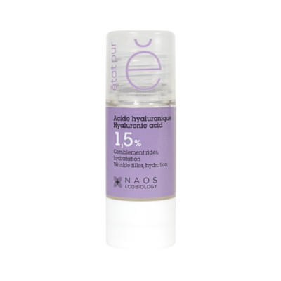 Frasco de ácido hialurónico 1,5% para hidratação e rugas com rótulo roxo