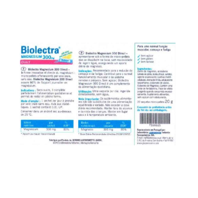 Etiqueta de suplemento Biolectra Magnesium 300 Direct com textos e informações nutricionais