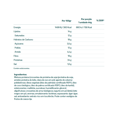 Tabela nutricional e ingredientes de produto alimentar em português