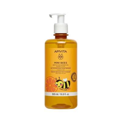 Gel de banho APIVITA MINI BEES para crianças com ilustração de abelha e laranja