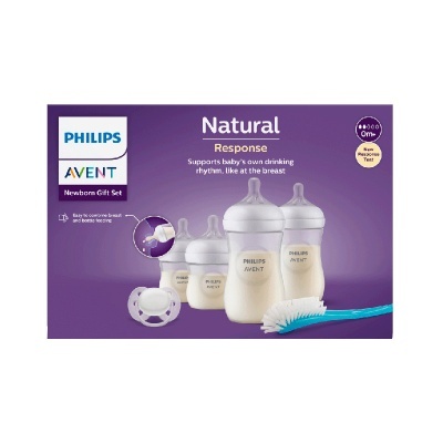 Conjunto Philips Avent com quatro mamadeiras, chupeta e escova de limpeza em caixa roxa