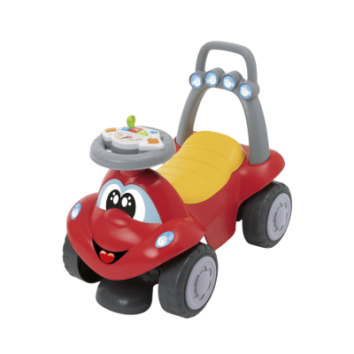 Carrinho infantil vermelho, amarelo e cinza com rosto sorridente e volante colorido