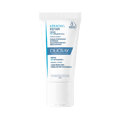 Tubo branco creme Ducray KERACNYL REPAIR 48h hidratação para pele com acne
