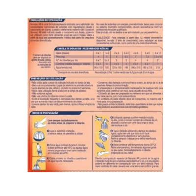 Instruções de uso e tabela de dosagem em embalagem com fundo laranja e textos em português
