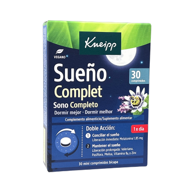 Embalagem de suplemento alimentar Kneipp Sueño Complet com 30 comprimidos para sono