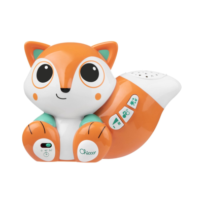 Figura de raposa em plástico laranja e branco com olhos grandes e botões na cauda.