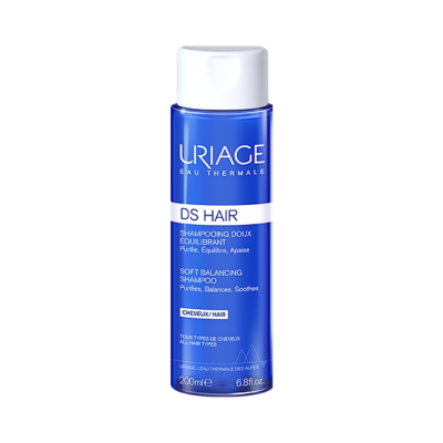Frasco azul de champô Uriage DS Hair com tampa branca