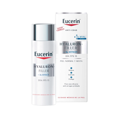 Frasco e embalagem do creme Eucerin Hyaluron-Filler com FPS 15