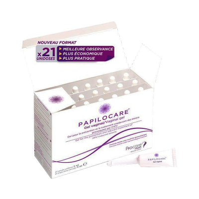 Embalagem de gel vaginal PAPILOCARE com 21 unidoses visíveis