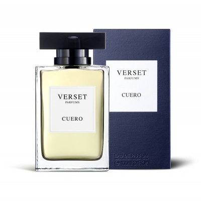 Frasco de perfume Verset Parfums Cuero com caixa azul escura