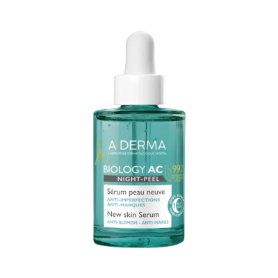 Frasco verde translúcido com conta-gotas branco de sérum facial A-DERMA