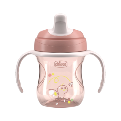 Copo de treino Chicco rosa translúcido com pegas e decoração de tartaruga