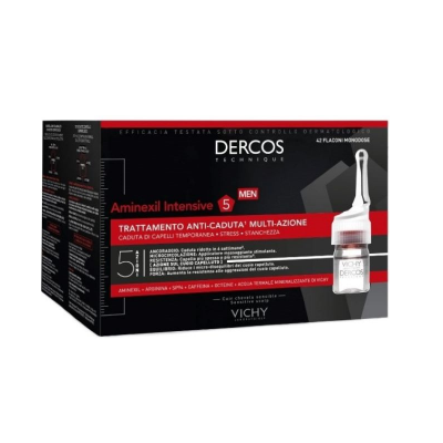 Caixa preta de tratamento anti-queda Dercos Technique Aminexil Intensive 5 Men da Vichy com texto em branco e vermelho