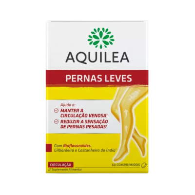 Embalagem de suplemento alimentar Aquilea Pernas Leves com cores branca, vermelha e amarela