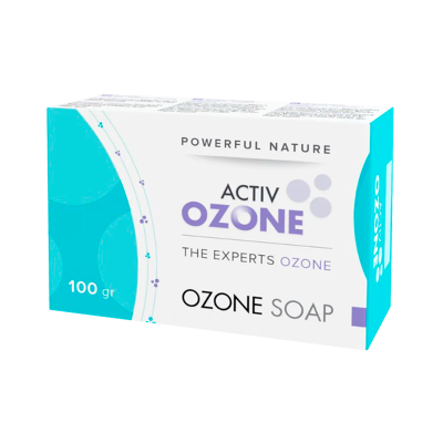 Embalagem de sabonete Activ Ozone branco e azul turquesa com texto roxo e cinza